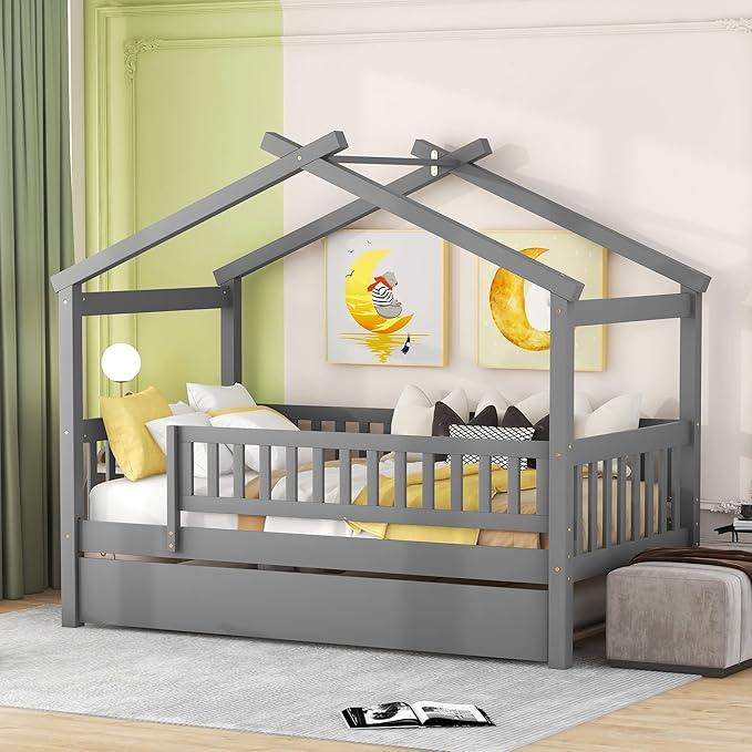Merax Twin Size Wooden House Bed with Twin Size Trundle, Wood Bed Frame with Roof and Safety Guardrail for Kids, Teens, Boys or Girls, Grey