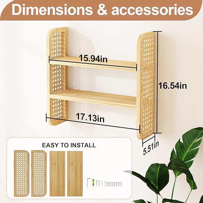 2-Tier Rattan Shelf, Natural Rattan Bookshelf Wall Mounted, Handmade Woven Display Shelf, Decorative Boho Shelves for Entryway, Nursery, Kitchen, Bathroom, Living Room