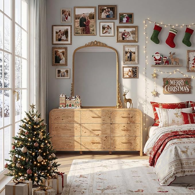 Curved 9-Drawer Dresser for Bedroom, 63" Wide Modern Chest of Drawers, Vanity Desk TV Stand for Living Room, Closet Storage Drawers Organizer Furniture, Nursery, Hallway, Light Burl