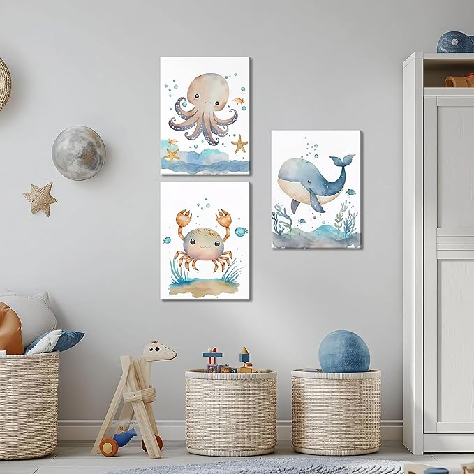 Ocean Nursery Wall Art Set of 3, Sea Animal Baby Boys Room Canvas Wall Decor Paintings, Watercolor Ocean Kids Nursery Posters Prints Pictures for Boys and Girls Room, Bedroom 12x16 Inch Framed