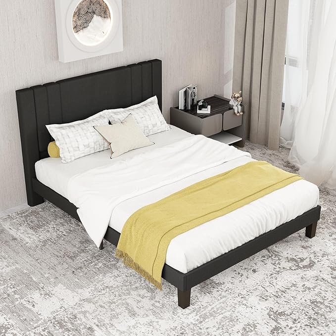 Tyndall Queen Size Bed Frame, Linen Fabric Upholstered Platform with Headboard