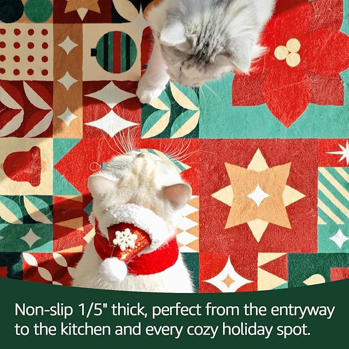 jinchan Christmas Rug 3x5 for Entryway Washable Christmas Bedroom Rug Xmas Geometric Doormat Non-Slip Soft Throw Carpet Festive Red-Green Holiday Patch Decor for Kitchen Living Room Bathroom
