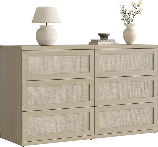 SICOTAS Dresser for Bedroom - 6 Drawer Dresser for Nursery 50" Wide Rattan Dressers & Chests of Drawers Boho Drawers for Bedroom Living Room Clothes Large Closet Storage for Closet Hallway Entryway