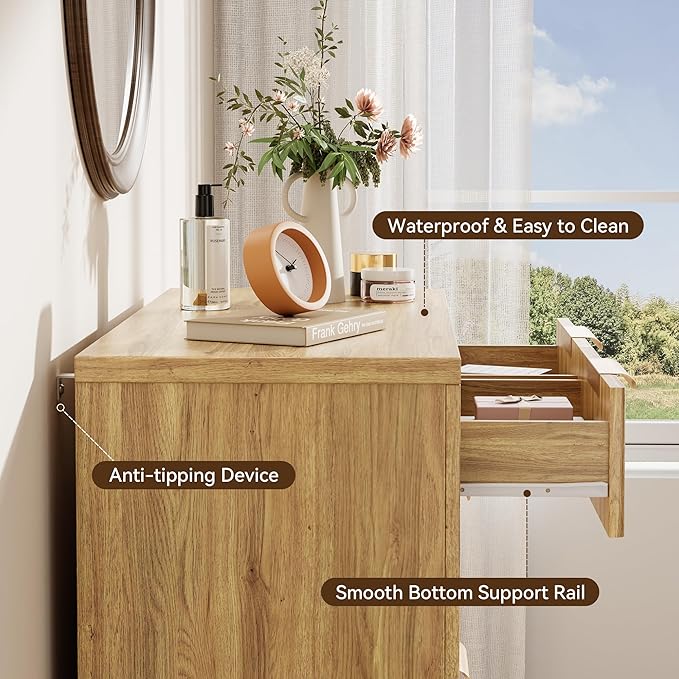 Fluted Dresser for Bedroom, 45" Tall Modern Chest of Drawers with 6 Drawers, Wood Closet Clothes Storage Organizer for Living Room, Wooden Dresser for Hallway, Natural Oak