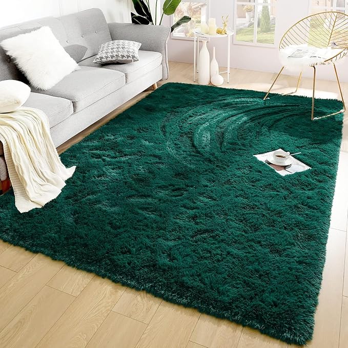 Merelax Soft Modern Indoor Shaggy Area Rug for Bedroom Livingroom Dorm Kids Room Home Decorative, Non-Slip Plush Fluffy Furry Fur Rugs Comfy Nursery Accent Floor Carpet 4x5.9 Feet, Deep Green