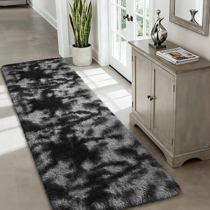 Merelax Soft Area Rugs for Livingroom Bedroom, Shaggy Plush Fuzzy Fluffy Carpet Furry Fur Rug, Modern Indoor Comfy Nursery Kids Dorm Home Decor Floor Mat, 2 x 6 ft, Tie-Dyed Black & Grey