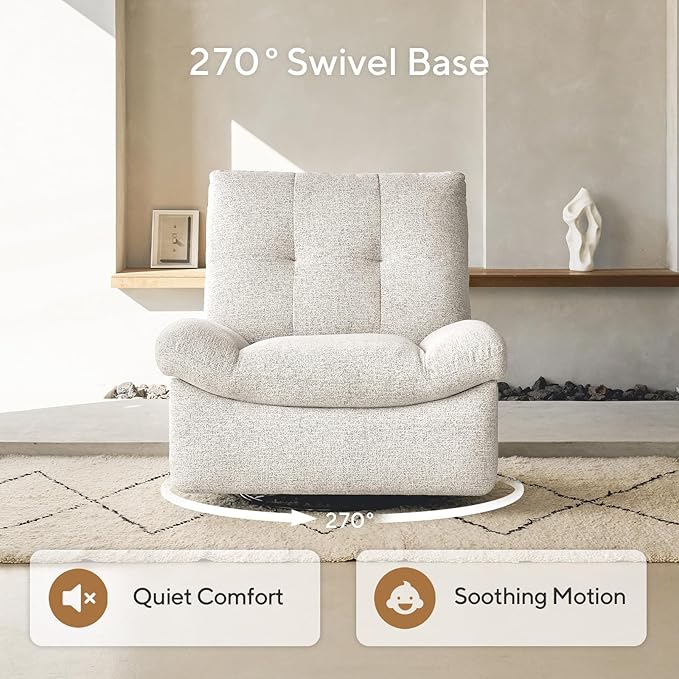 Nouhaus Swivel Rocking Chair Nursery, Oversized Glider Rocker Recliner Chairs w/Footrest, USB & Type-C Ports, Rocking Recliner Chair for Nursery, Living Room (Snooze Classic, Linen White)