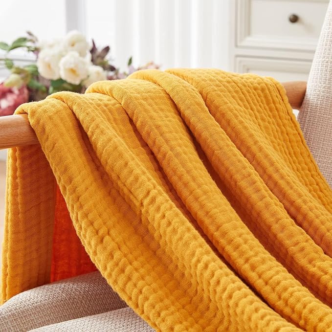 EMME Cotton Throw Blanket - 100% Muslin Soft, Breathable Gauze - All Season, Pre-Washed - Mustard Yellow, 50"x70"