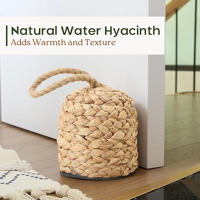 4.4lbs Natural Door Stopper for Bottom of Door Decorative Heavy Duty Door Stop with Handle Wicker Cute Door Stopper for Modern Farmhouse Water Hyacinth Home Decor 4.7"D x 6.3"H (Cylinder)