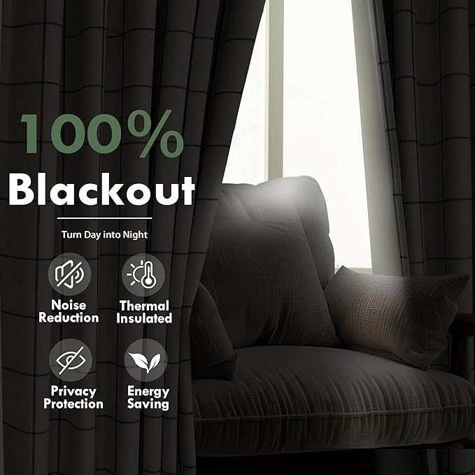 DriftAway 2 Panels 100% Blackout Windowpane Plaid Linen Curtains Double Layer Drapes for Bedroom 96 Inches Long Farmhouse Thermal Insulated 3.25 Inch Rod Pocket Back Tab for Living Room Loden Green