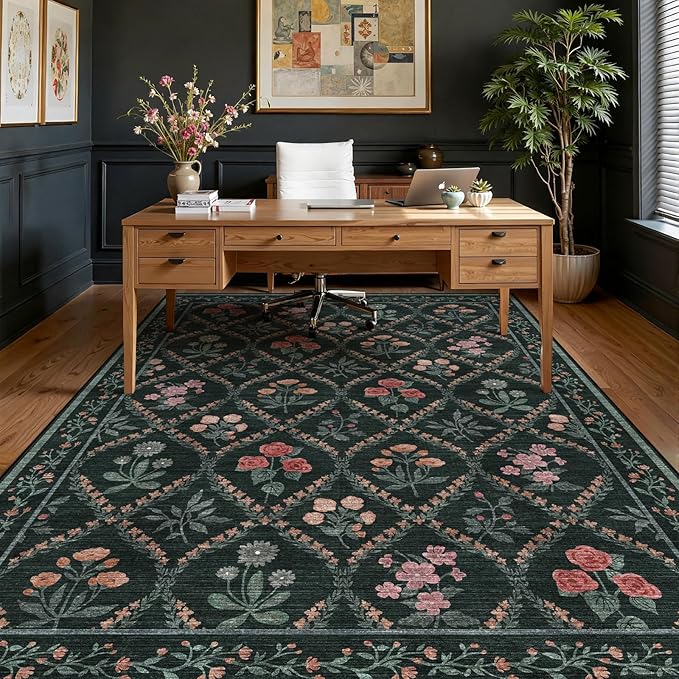 Green 5x7 Floral Rug Washable Area Rug, Non Slip Vintage Boho Rug for Bedroom, Stain Resistant Low Pile Floor Carpets for Living Room Dining Room Home Office,Dark Green