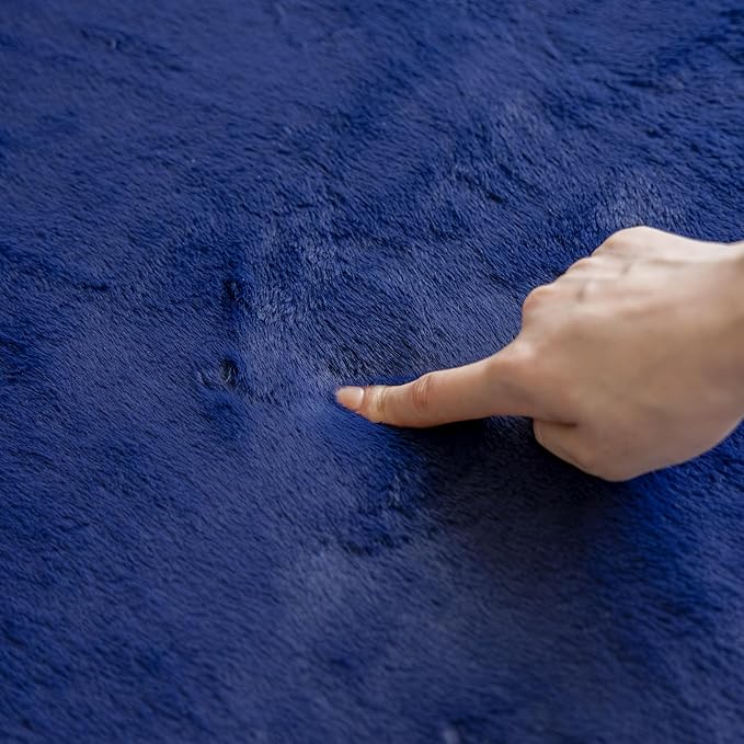 Loartee Faux Rabbit Fur Rug - 1.18" Thick Soft Fluffy Area Rug, Non-Slip Memory Foam Crawling Mat, Dark Blue, 71"x78"