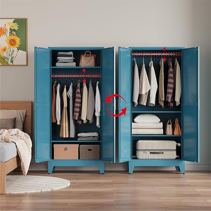 Metal armoire Wardrobe Closet with Hanging Rod,71'' Metal Wardrobe Cabinet with 2 Doors and 2 Adjustable Shelves, Bedroom armoires,Laundry Room cabinets,armario de ropa Closet
