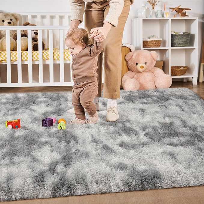 Merelax Soft Area Rugs for Livingroom Bedroom, Shaggy Plush Fuzzy Fluffy Carpet Furry Fur Rug, Modern Indoor Comfy Nursery Kids Dorm Home Decor Floor Mat, 8 x 10 ft, Tie-Dyed Light Grey