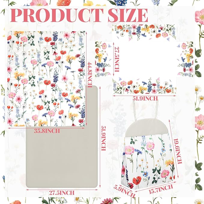 Oudain 4 Piece Spring Wild Flower Crib Bedding Set Including Spring Wild Flower Crib Skirt, Blanket, Sheet and Diaper Stacker, Soft Neutral Nursery Standard Size Baby Bedding for Baby Girls and Boys