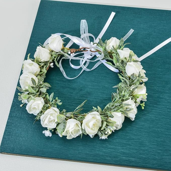 Baby Girls Flower Crown Headpiece Boho Little Wreaths for Weddings, Family Photography (Flower White)