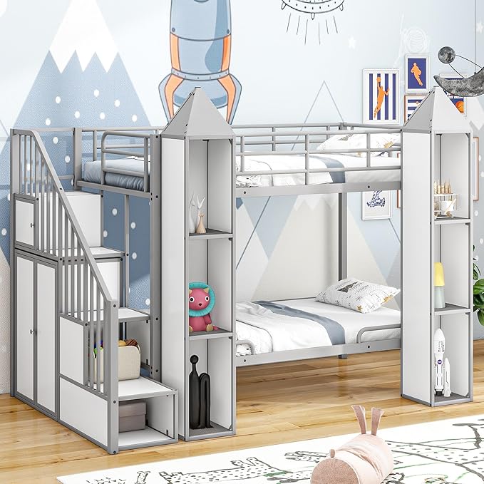 Twin Over Twin Castle-Shaped Bunk Bed with Wardrobe and Multiple Storage, Metal Bunk Bed with Storage Staircase and Safety Guardrail for Kids Teens Boys Girls Bedroom (White+Gray)