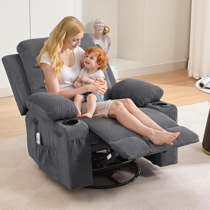 Recliner Chair Nursery, Oversized Manual Reclining Rocking Chair, 360 Swivel Glider with Cup Holder, Massage and Heat Recliner, Indoor Small Single Sofa Chairs for Adults, RV, Bedroom, Linen Gray