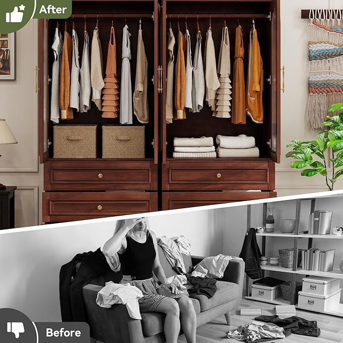 Solid Wood Wardrobe Closet:TemkTuek 70.87" Large Armoire,Clothing Storage Cabinet with Drawers,Mirror,Doors,Hanging Railsand Shelves,Vintage Freestanding,Bedroom,Cherry Finish(21-21)