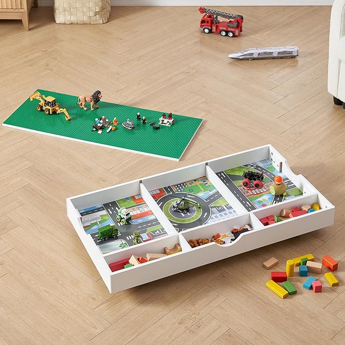 3 in 1 Construction Play Table Compatible with Lego, Kids Activity Train Table with Storage, Building Block and Train Car Conveniently Store Under Bed or Sofas