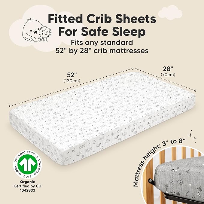 KeaBabies 2-Pack Muslin Crib Sheets for Boys, Girls - 100% Organic Cotton Fitted Baby Crib Mattress Sheet, Soft Breathable Standard Toddler Bed Cover Bedding Set, Neutral, Durable 52x28 (Woodland)