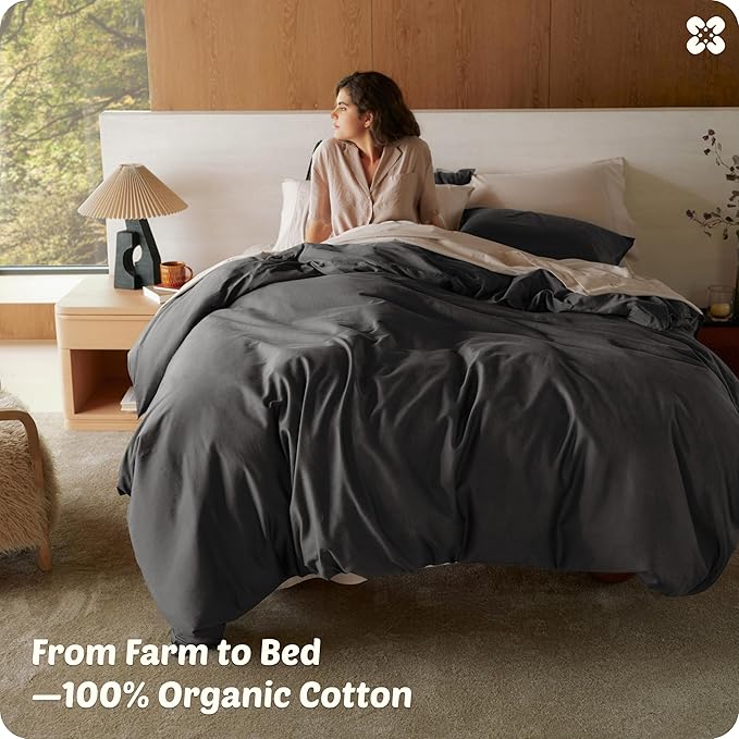 Bedsure Cotton Duvet Cover Queen, 100% GOTS Organic Cotton Duvet Cover Set, Fair Trade Certified Queen Bedding, Eco-Friendly, Ultra-Soft, Breathable Home Bedding for All Seasons(Dark Grey, 90"x90")