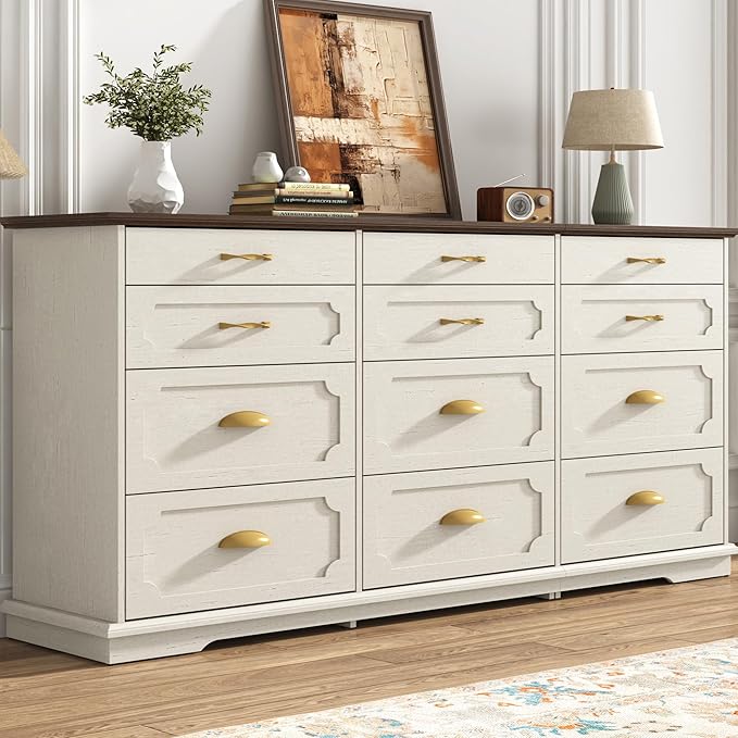 70inch Large Long Dresser w/Charging Station,12 Drawer Dresser w/Deep Big Drawers,Wooden Chest of Drawers w/Power Outlet,White Dressers for Bedroom,Living Room,Entryway,Antique White