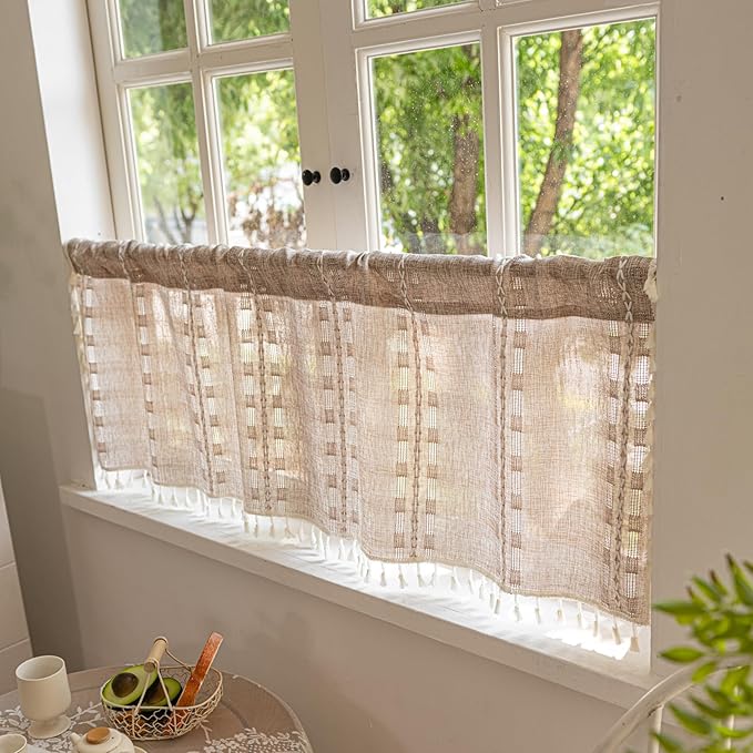 Deeprove Boho Valance Kitchen Short Curtain with Tassel, Textured Striped Drape Tier Embroidered Shabby Chic Linen Coffee Window Treatment for Cafe Closet, W52 x L18 inch Rod Pocket 1 Panel Natural