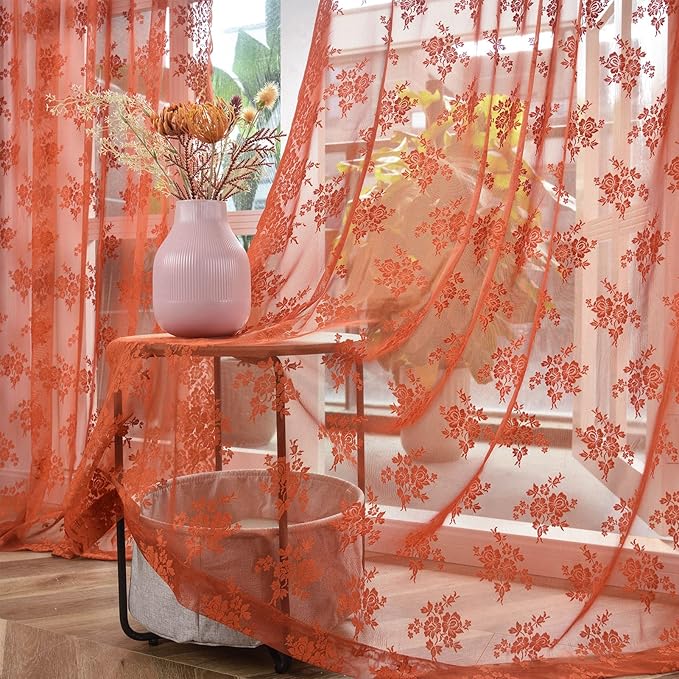 Kotile Burnt Orange Sheer Curtains 36 Inch Length 2 Panels, Country Rustic Floral Short Fall Curtains for Kitchen Window, Rod Pocket Privacy Sheer Lace Curtain Short, 42 x 36 Inch Each, Burnt Orange