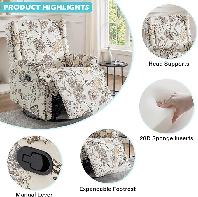 UIXE Swivel Glider Recliner Chair for Adults, High Back Nursery Rocker Floral Upholstered Armchair for Living Room, Manual Reclining Rivet Trim Sofa Lounge with Deep Seat in Fabric - Beige Plants