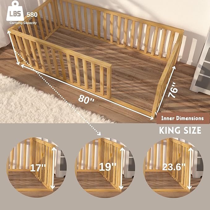Montessori Floor Bed for Kids 75.8'' x 80'' King Size | Toodlers Floor Bed with Safety Guardrails | Pine Wood Baby Bed | Sturdy Wood Frame Bed for Girls and Boys (King, Height : 19 Inches)