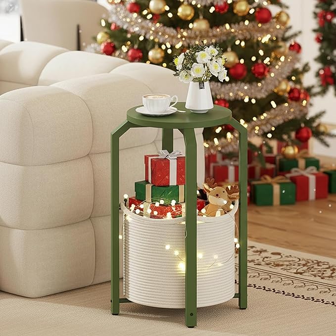 TUTOTAK Small Side Table, Round End Table, Night Stand, Bedside Table, Sofa Table with Storage Basket, Living Room, Bed Room, Olive Green TB01BOG092
