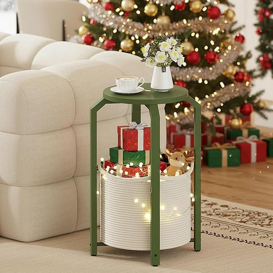 TUTOTAK Small Side Table, Round End Table, Night Stand, Bedside Table, Sofa Table with Storage Basket, Living Room, Bed Room, Olive Green TB01BOG092