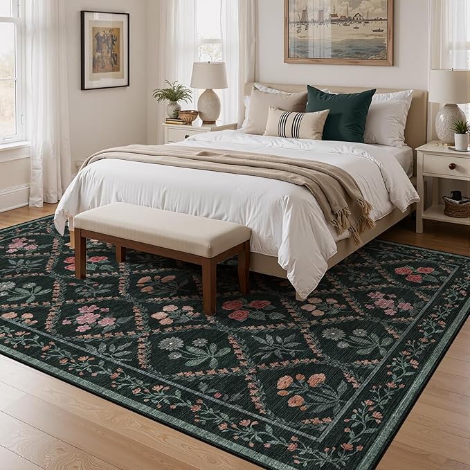 Green 5x7 Floral Rug Washable Area Rug, Non Slip Vintage Boho Rug for Bedroom, Stain Resistant Low Pile Floor Carpets for Living Room Dining Room Home Office,Dark Green