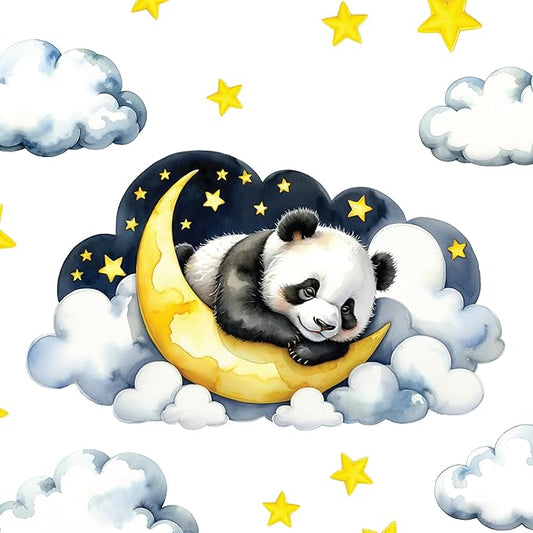 Boho Nursery Wall Decals - Dreamy Watercolor Panda Sleeping on Cloud | Multi-Piece Set with Clouds, Moon & Stars | Removable Fabric Wall Art for Kids Room