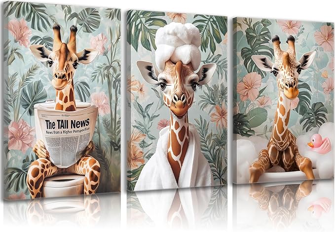 3Pcs Funny Animal Bathroom Canvas Wall Art Giraffe Reading Newspaper on Toilet Painting Picture Wall Decor Eclectic Jungle Giraffe Bathrobe Bathtub Poster Print for Toilet Bathroom Home Decoration