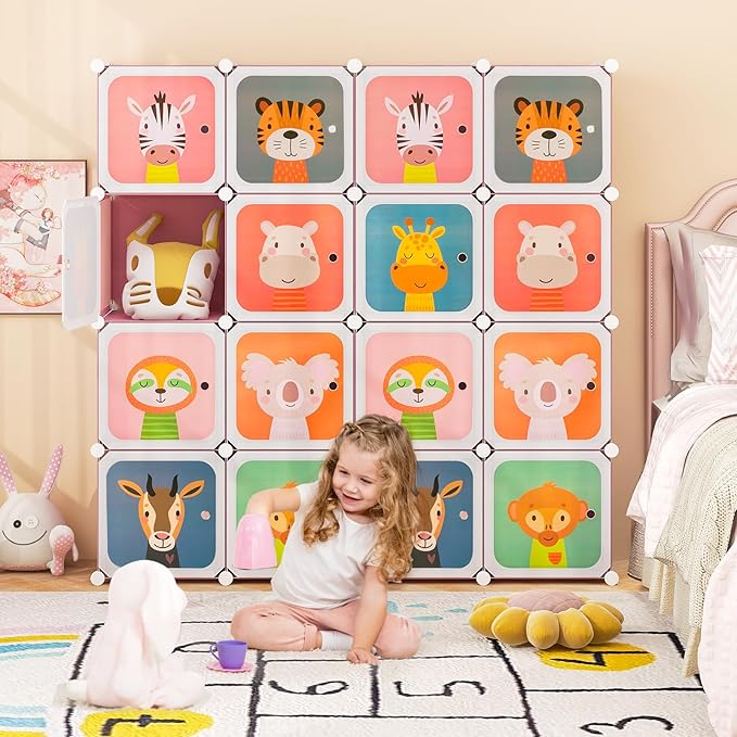 HONEY JOY Kids Wardrobe Closet, Baby Cartoon Clothes Storage Organizer, 8 Cubes & 2 Hanging Sections, Portable Children DIY Modular Bedroom Armoire Dresser Cabinet for Boys Girls (Pink, 8-Cube)
