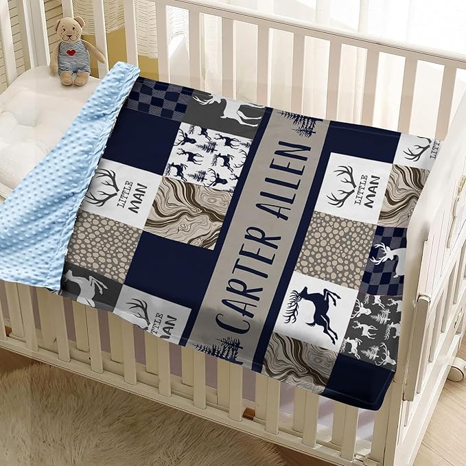 Personalized Baby Blanket with Name – Woodland Antlers Theme Navy Soft Receiving Blanket for Newborn Boys Girls, Custom, Cozy Nursery Decor for Toddlers