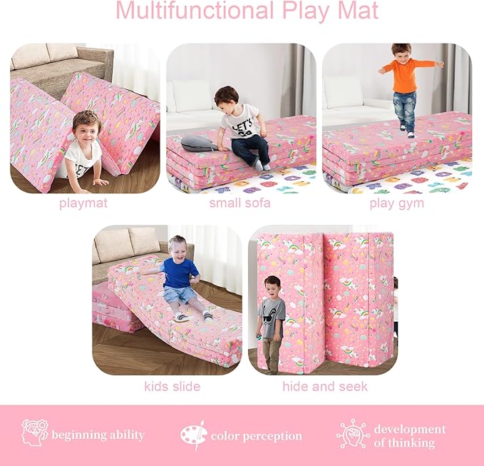 MeMoreCool Kids Floor Futon Mattress, Play Mat Muscle Mat Large 6x4 FT, Thicken Foam Tatami Mattress for Children Play Area, Foldable Sleeping Crawling Pad for Playroom, Pink Rainbow