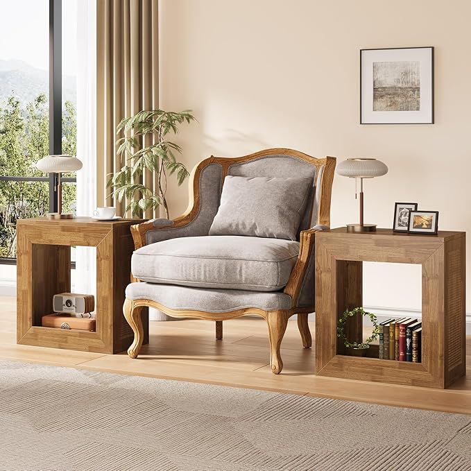 Tribesigns Rustic End Table, 2-Tier Wooden Side Table with Sturdy Base, Farmhouse Narrow Nightstand with Storage Shelf for Living Room, Bedroom, Brown (Set of 2)
