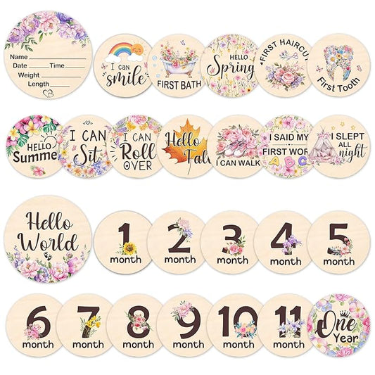 Baby Monthly Milestone Cards - 13pcs Wooden Double Sided Flower Monthly Milestone Signs, Birth Announcement Sign for Photo Props, 1-12 Months Newborn Milestones Cards, Baby Shower Party Gifts Marker