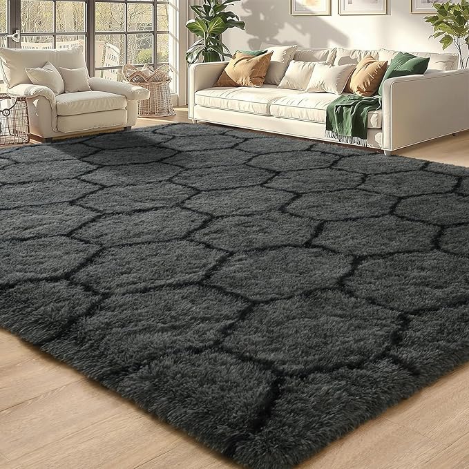 Meralax Hexagon Grey Rugs for Living Room Bedroom, 4x6 Soft Area Rug Fluffy Shaggy Bedside Rug, Machine Washable Indoor Gray Floor Carpet for Kids, Dorms, Nursery Rooms, Home Decor Aesthetic