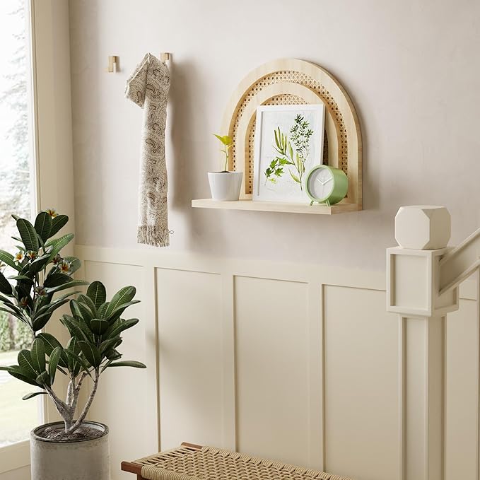 Natural Rattan Shelf, Handmade Woven Hanging Shelf for Storage and Decor, Rustic Farmhouse Boho for Kids, Bedroom, Office