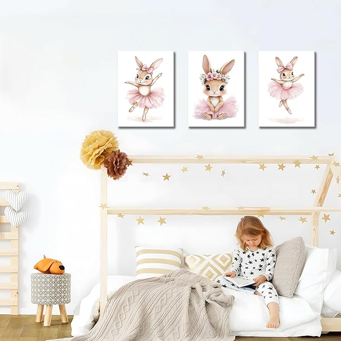 Baby Girl Nursery Wall Decor, Easter Nursery Canvas Wall Art Paintings Set of 3, Cute Animal Pink Bunny Posters Prints Pictures for Boys and Girls Room, Bedroom, Home Decor 12x16 In Framed