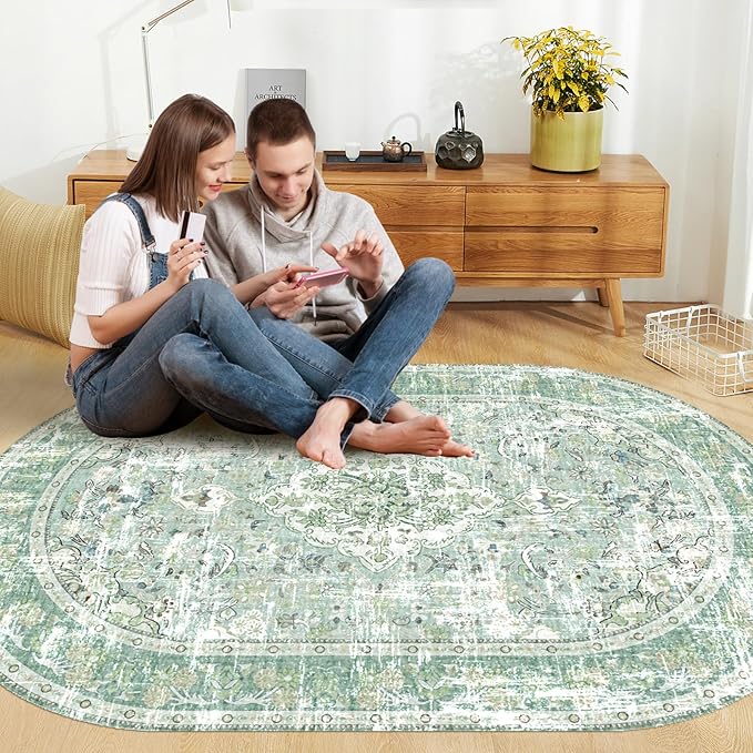 Vhong Washable Area Rugs Boho Vintage Modern Neutral 4×6 Carpet Sage Green High Traffic Oval Non Slip Rugs for Dinning Room Bedroom Living Room Farmhouse