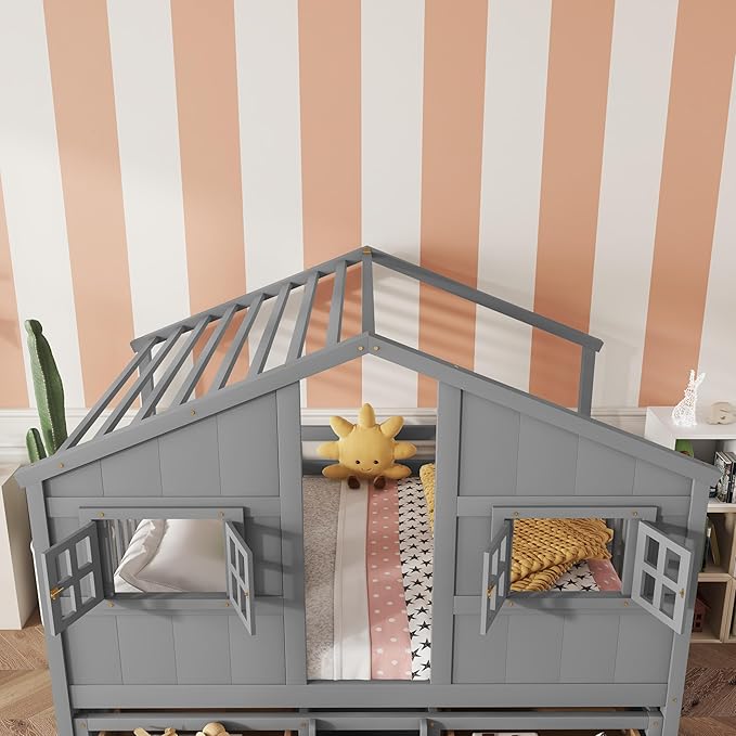 Harper & Bright Designs Full Size House Loft Bed with 4 Storage Drawers, Low House Montessori Bed with Roof and Windows, Safety Guardrails for Kids, Girls, Boys, Grey