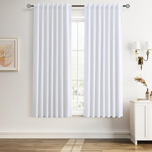 Guken 100% Blackout Linen Curtains 63 Inches Long Textured Beige White Country Farmhouse Back Tab Hook Belt Room Darkening Insulated Thermal Noise Reduction Window Drapes for Bedroom Nuersery 52x63