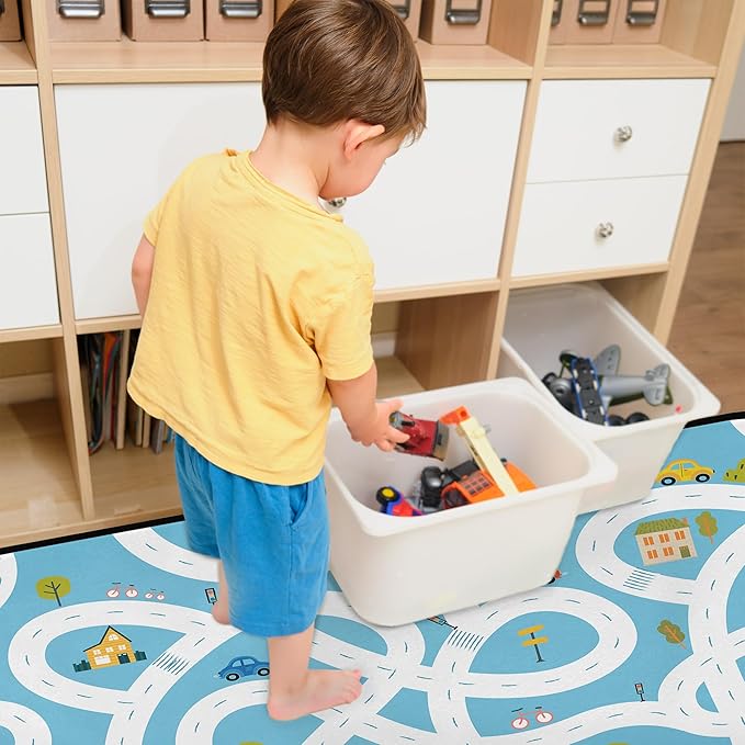 Kids Car Road Play Rug - Town City Map Track Soft Non-Slip 2x3 Carpet Traffic Mat Washable Playroom Bedroom Boys Nursery Educational Area Rug Entrance Mats Playroom Classroom Decor (24"x 36")