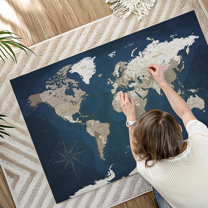 ElephantStock - My World Adventures Push Pin Travel Map I Wall Art - Horizontal Canvas Wall Art - Living Room Wall Decor - Printmaking Map Canvas Art - Blue And Beige Decor - 48" x 32"
