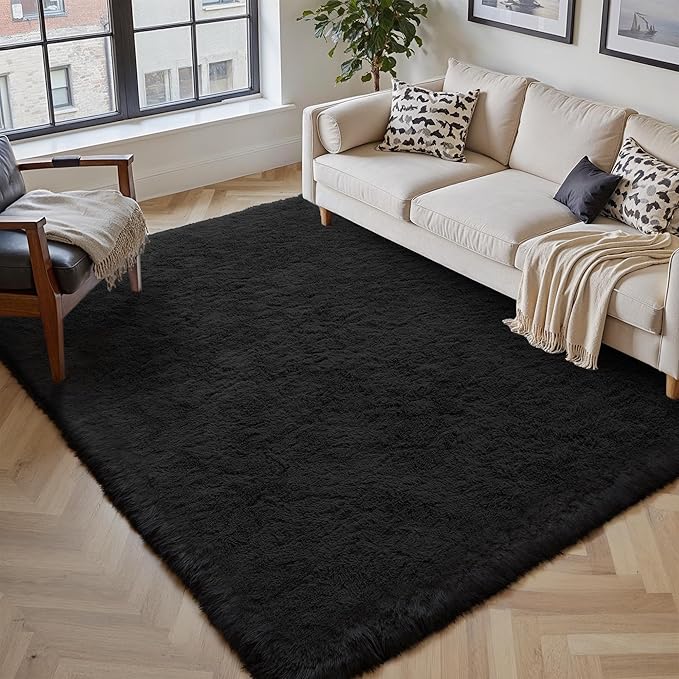 5x8 Area Rug for Living Room, Modern Black Super Shag Shaggy Soft Washable Indoor Fuzzy Carpet Non-Slip Fluffy Rugs for Bedroom Home Aesthetic Decor